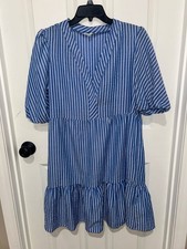 Sandra Darren blue/white tiered knee length stripe dress women 14