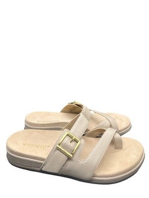Vionic Carmela Slide Sandals Womens Size 6.5 Oatmeal Beige Leather Strappy Thong