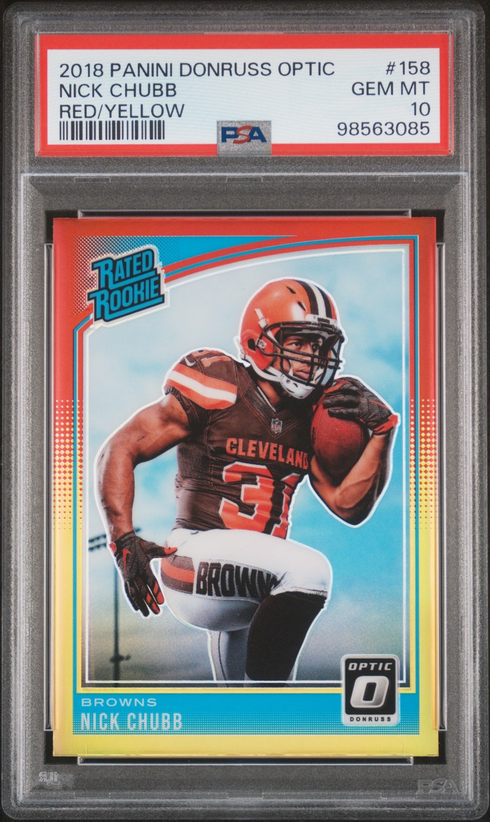 2018 Donruss Optic #158 Nick Chubb Red and Yellow PSA 10