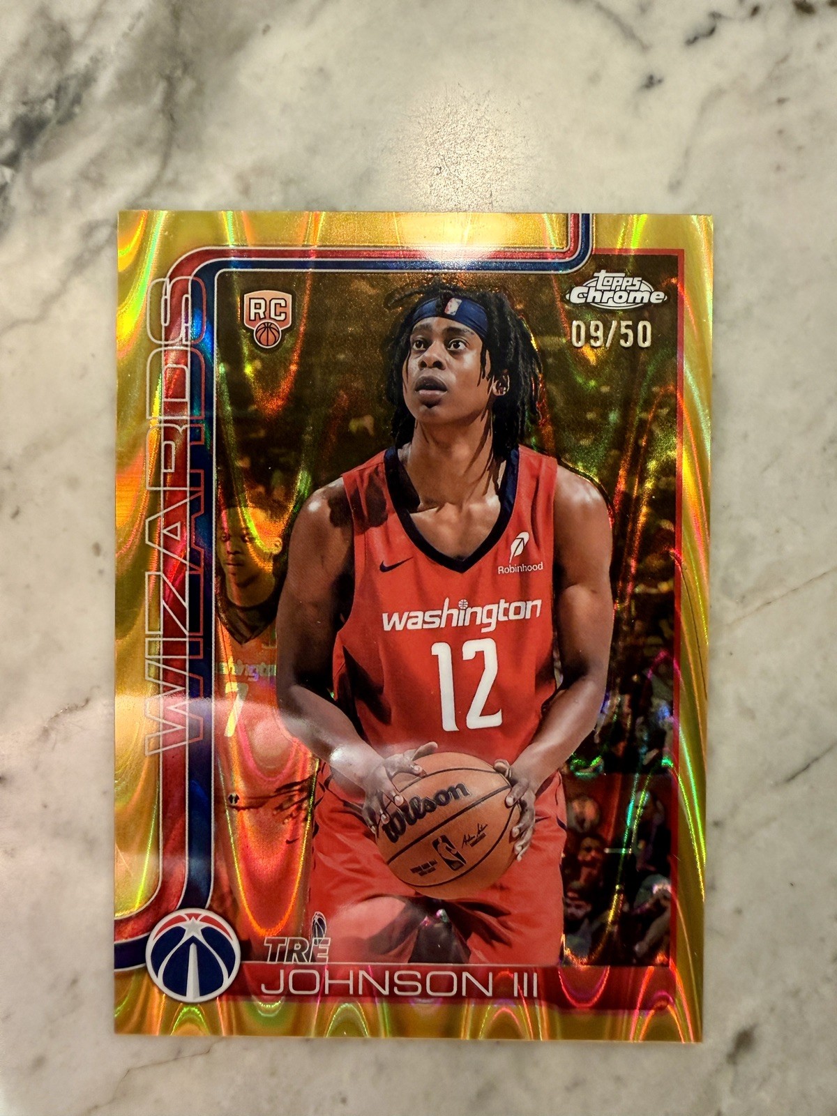 2025-26 Topps Chrome Tre Johnson Gold Raywave Refractor Rookie #’d 9/50 RC #256