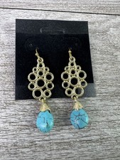 Gold Tone Circle Dangle Drop Earrings 2" Long Teal Turquoise Stone Bohemian