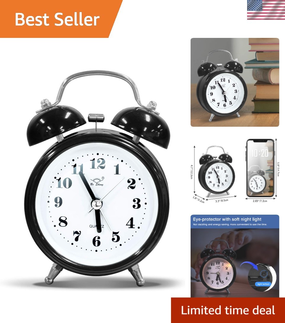 3D Dial Retro Alarm Clock Extra Loud Twin Bells with Night Light