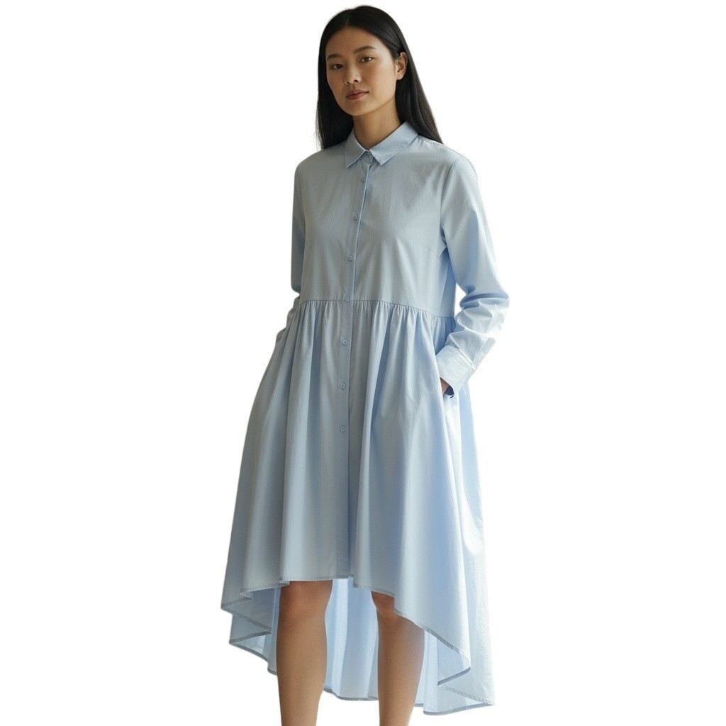 COS Light Blue Cotton High Low Hem Long Sleeve Shirt Dress Size 6