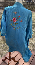 Silk Kimono Robe Vintage Blue With Embroidered Floral Butterfly Design