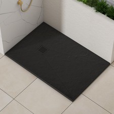 30mm Slimline Rectangular Black Slate Effect Stone Shower Tray with Free Grate