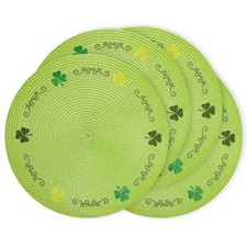 4Pcs Round St. Patrick's Day Placemats Embroidered Shamrock Place Mats Green Clo