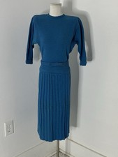 Vintage 40s Blue Wool Chenille Knit Top And Skirt Set