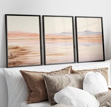 Landscape Wall Art Prints Set of 3 Neutral Watercolour Mountain Lake Poster Art