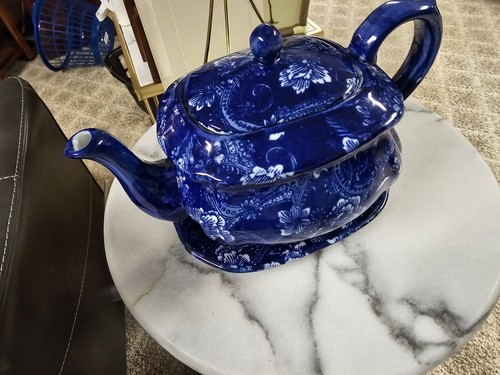 Vintage England Victoria Ware Cobalt Blue Transferware Tea Pot & Tray Ironstone - Picture 6 of 10