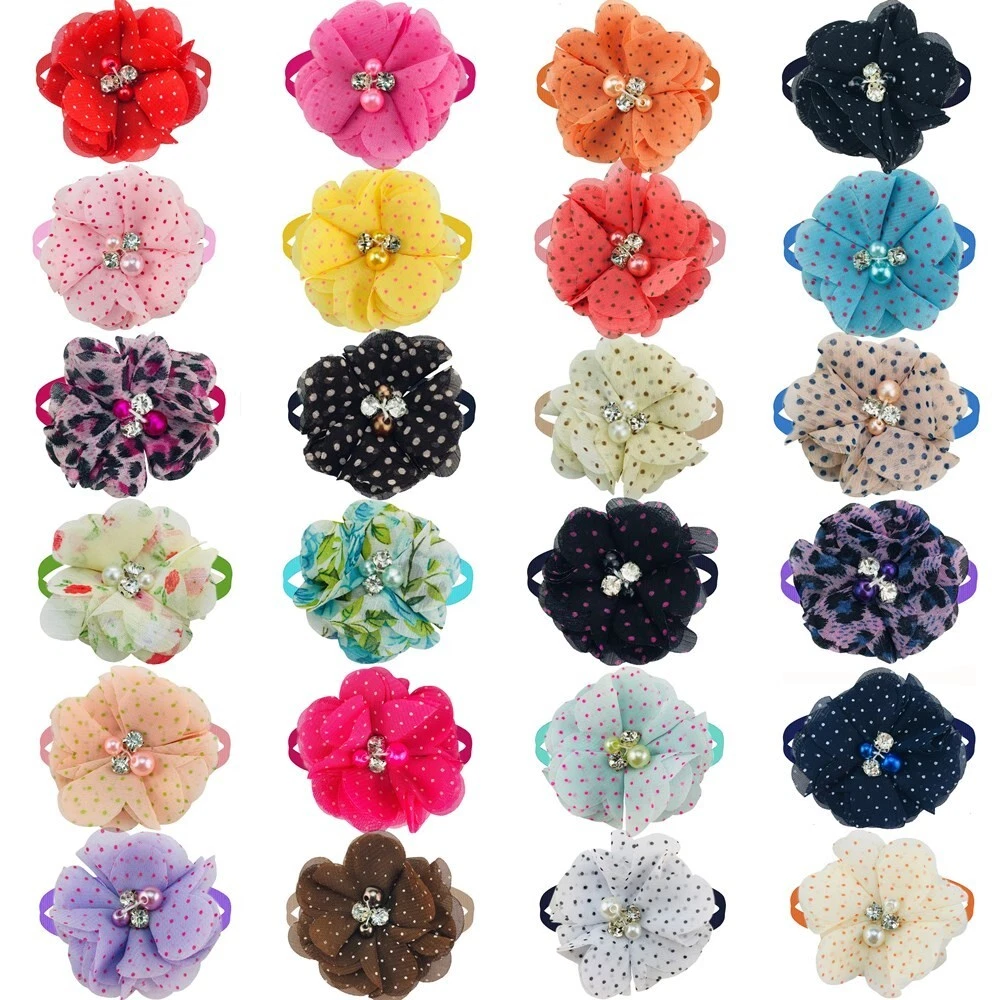 100Pcs Colorful Flower Design Dog Bowtie Collar Pet Wedding Grooming Products