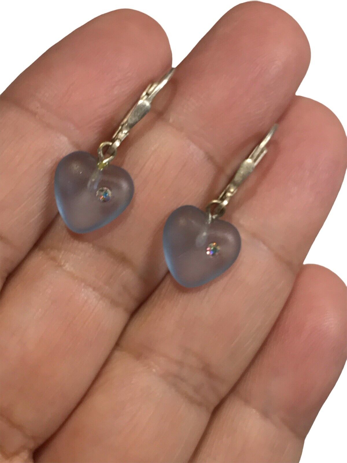 sterling silver frosted glass heart dangle earrin… - image 3