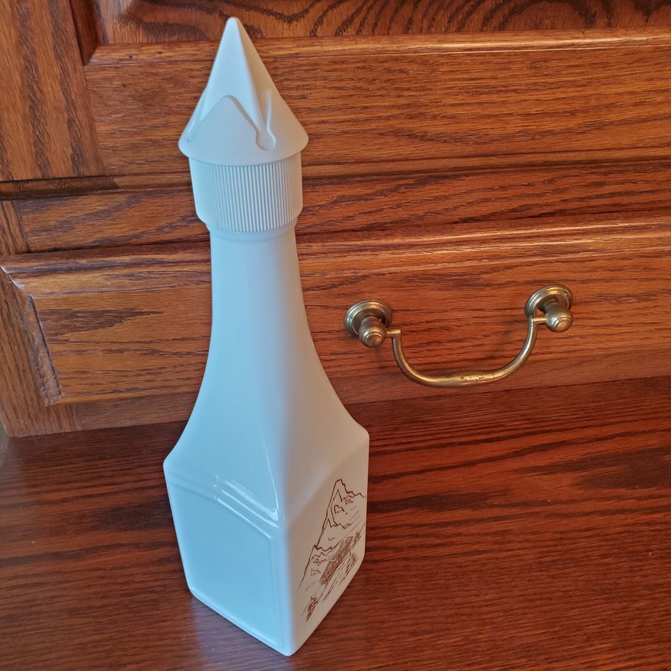 Milk Glass Collect 80s Liquors Bottle Swiss Alps White 10x3 x3 EMPTY