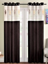 2 Piece Premium Floral Embroidered Eyelet Polyester Door Curtains 7Ft - Brown