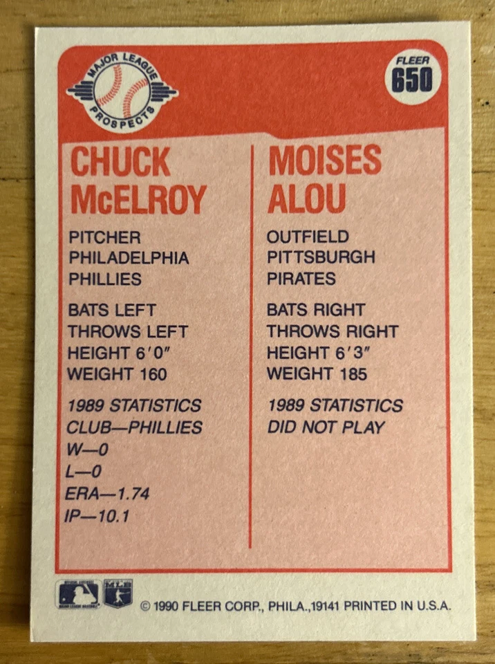 1990 Fleer Rookie Prospects Chuck McElroy Phillies Moises Alou Pirates #650 O/C - Image 2 of 2