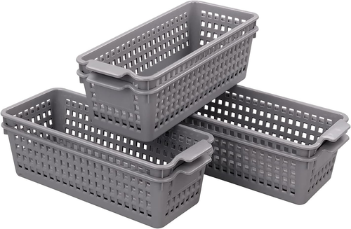 6 Packs Plastic Slim Storage Basket, Small Desktop Storage Basket Bins, Grey