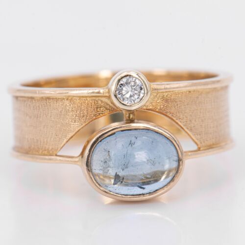 Gr. 55 - Vintage Diamant 0,06 ct. & Blautopas Cabochon Ring in 750/18K Gelbgold - Afbeelding 1 van 8
