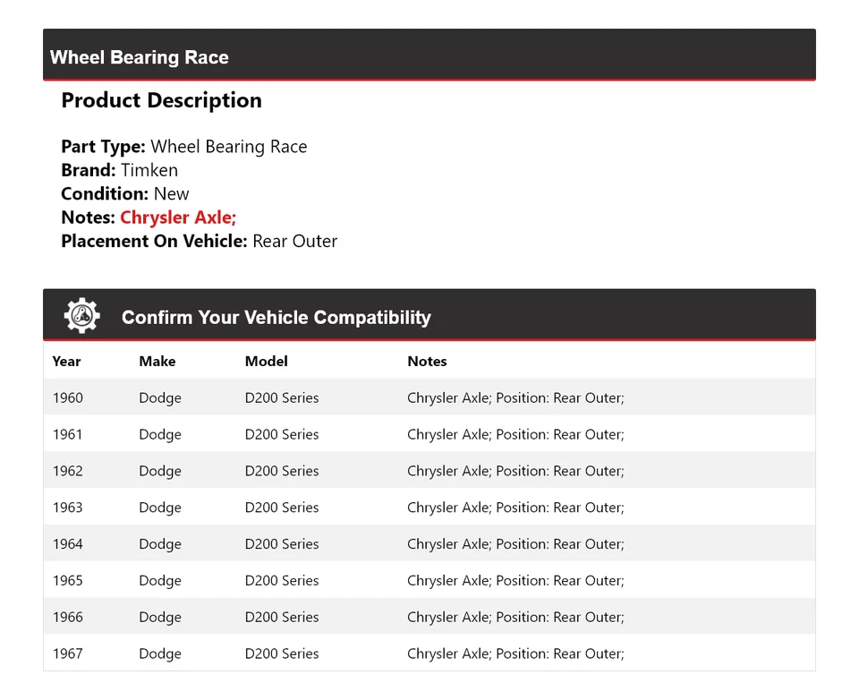 Cojinete de rueda exterior trasero de carrera para Dodge serie D200 1960-1967 Timken 1961 1962 Foto 2 de 4
