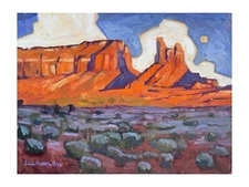 Original Painting Western Landscape Sunset Moon Mountain Signed 