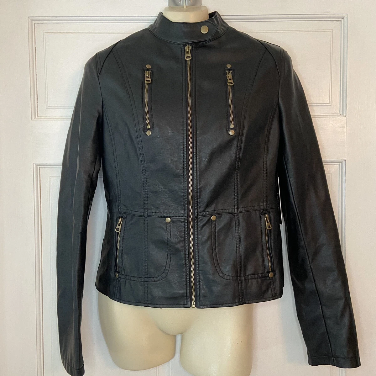 Lulus Black Faux Leather Lined Lightweight Zip Jacket Womens Size