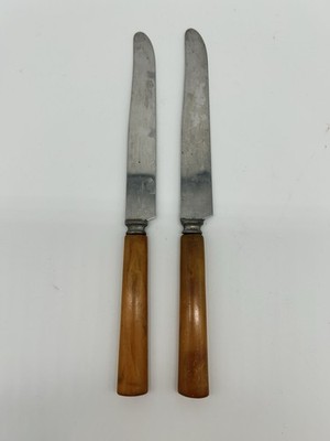 Vtg Pair Butterscotch Bakelite Firth-Sterling Stainless Steel Butter Knives