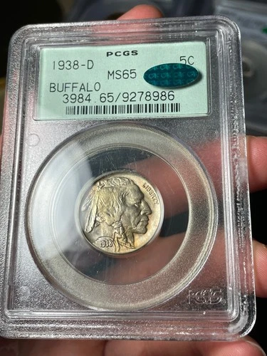 1938-D PCGS MS65 CAC Buffalo Nickel Old Green Holder Toned