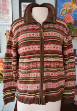 Tiara International Y2K Full Zip Knit Sweater Pink Brown Fair Isle Women s M