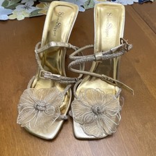Silver Slipper Gold Strappy Sandals Flower Beaded Buckle Adjustable Strap Formal