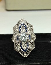 Filigree Art Deco Style Classic Ring Round  Blue Sapphire CZ Stone 925 Silver