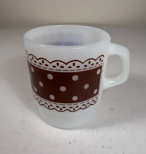 Vintage Fire King Anchor Hocking White Milk Glass Brown Polka Dot Lace Cup Mug
