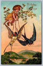 Postcard Birthday Greetings Child Pulled Through Air By Birds Gilding Gel Finish