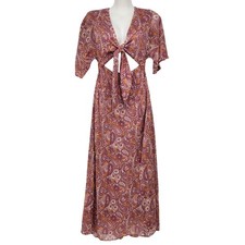 NWT En Creme Plum Gold Paisley Cut-out Tie Front Shimmer Maxi Dress Women's M