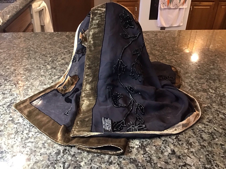 Vintage ITALIAN Black Silk Velvet Burnout Beaded Paisley Scarf Shawl Wrap ITALY - Image 4 of 4