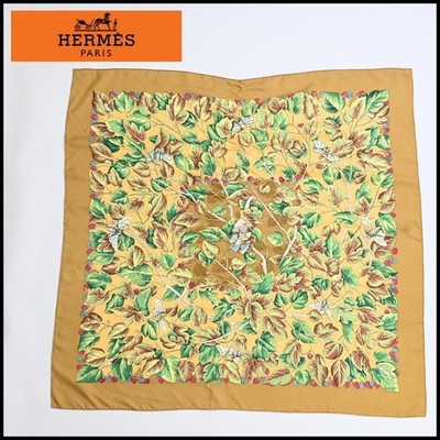 HERMES Carre 90 L'Arbre de Soie Silk Scarf Mustard Yellow Excellent