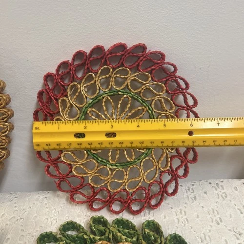 Vintage Hand Woven Straw Colorful Hot Pads Trivets Set Of 4 MCM 1970s Boho Retro image 14