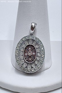 14K White Gold Oval Pendant Filigree Cross Motif Clear Faceted Stones 3.77g