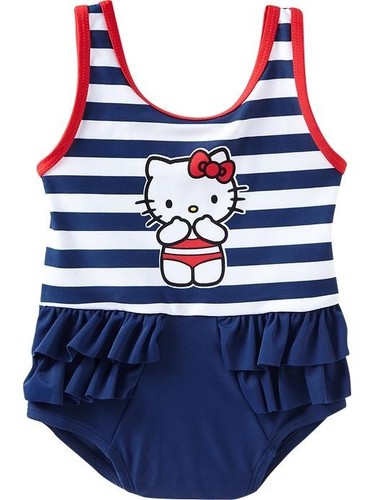 NWT Old Navy Sanrio Hello Kitty Nautical Navy Striped Tiered Ruffle Swimsuit 5T - Picture 1 of 1