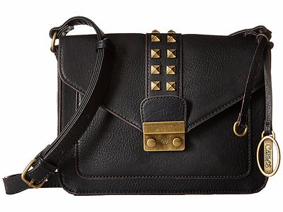 NEW CARLOS SERENA BLACK LEATHERETTE+ANTIQUE GOLD TONE STUDS,FLAP CROSSBODY,BAG