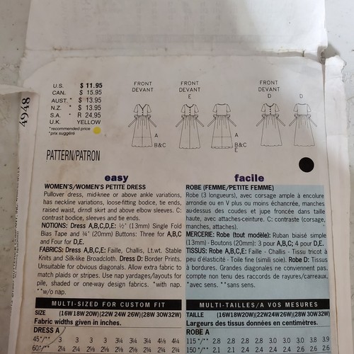 Vtg Butterick 4948 Dress High Waist Midi Short Sleeve Miss 28 30 32W CUT 1997 - 第 4/7 張圖片