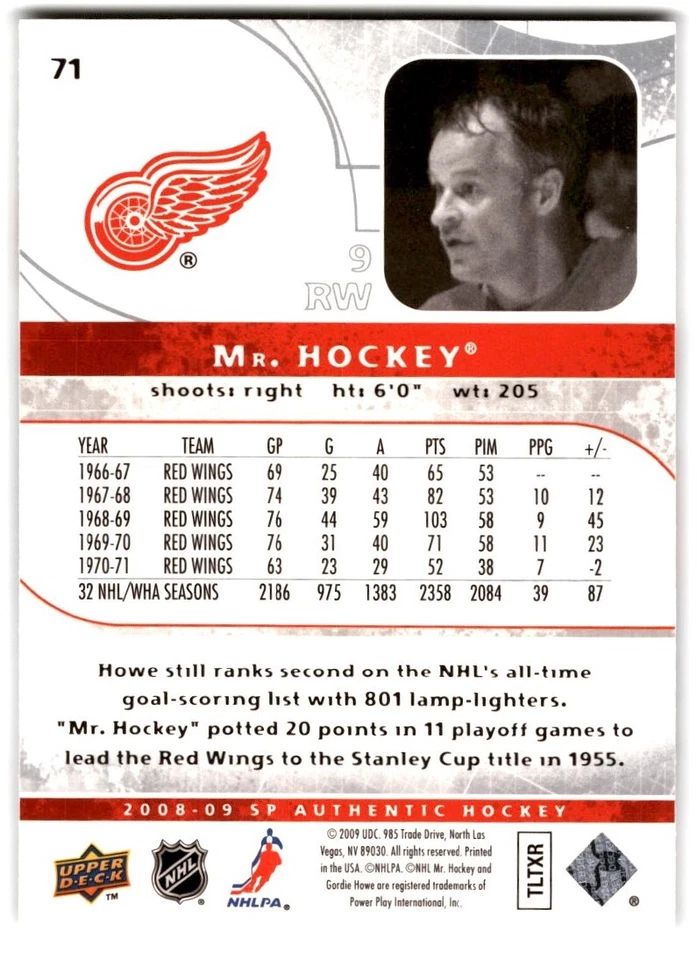 2008-09 SP Authentic Gordie Howe #71 Detroit Red Wings - Image 2 of 2