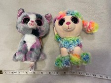 TY Beanie Boo lot  Rainbow the fluffy  Poodle Dog  and Linda cat glitter eyes 6"
