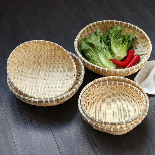 Round Fruit Snack Basket Handmade Bamboo Basket Natural Drain Basket