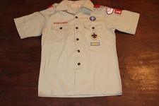 Boy Scouts of America BSA Youth Shirt Large Tan Sewn Patches Short Sleeve