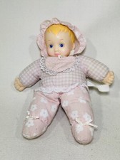 BLONDE, BLUE EYES STUFFED BABY DOLL 10" Pink OUTFIT Doll Vintage