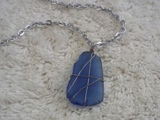 Silvertone Blue Beach Glass Pendant Necklace C24 