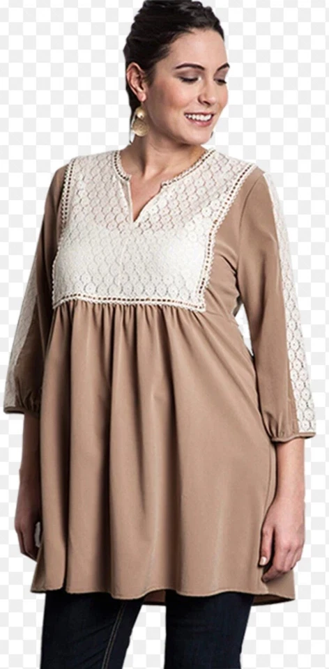 Top túnica babydoll manga 3/4 encaje tostado 2XL Umgee EE. UU. Boutique para mujer