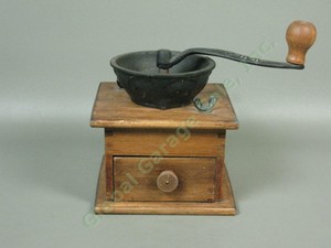 Vintage-Antique-Wood-Wooden-Cast-Iron-Coffee-Grinder-Mill-Dovetail-Joints-NO-RES