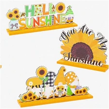 Sunshine Gnome Trio Wooden Table Decor - A Whimsical Summer Centerpiece with Sun