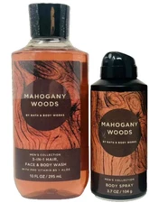 Bath Body Works MAHOGANY WOODS Men's Body Spray & 3 N 1 Body Wash  2pc Set New