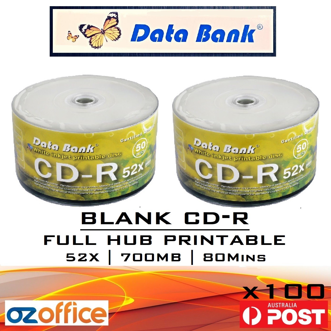 100 x Data Bank CDR Blank CD Discs 700MB 52X Blank CDs Full Hub White