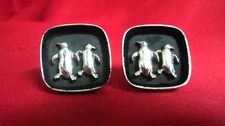 Vintage Pair of Penguins Cufflinks Chrome Flat Black Chunky Heavy 2D Dimensional